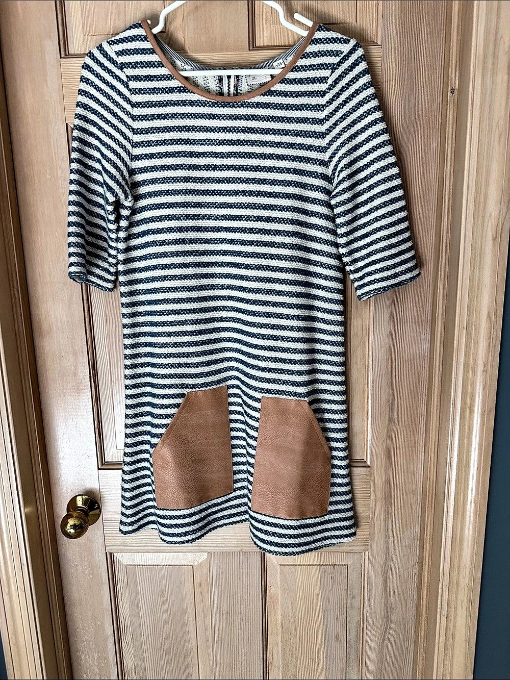 Anthropologie Stripes Faux Leather Pockets Dress Blue & White